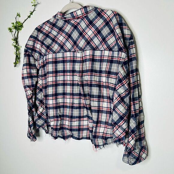 BDG Urban Outfitters Gray Red White Blue Flannel Plaid Crop Oversized Shirt Butt - Picture 9 of 11